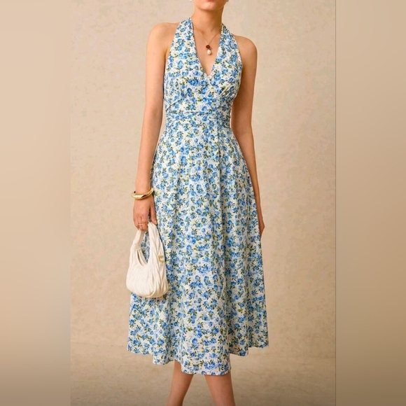 New Rose Floral Tie Halter Ruched Waist Midi Dress Blue White - Picture 5 of 10